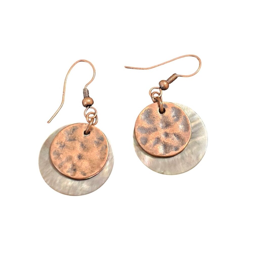 Handmade Copper‎ & Mother Of Pearl Double Disc Dangle Earrings